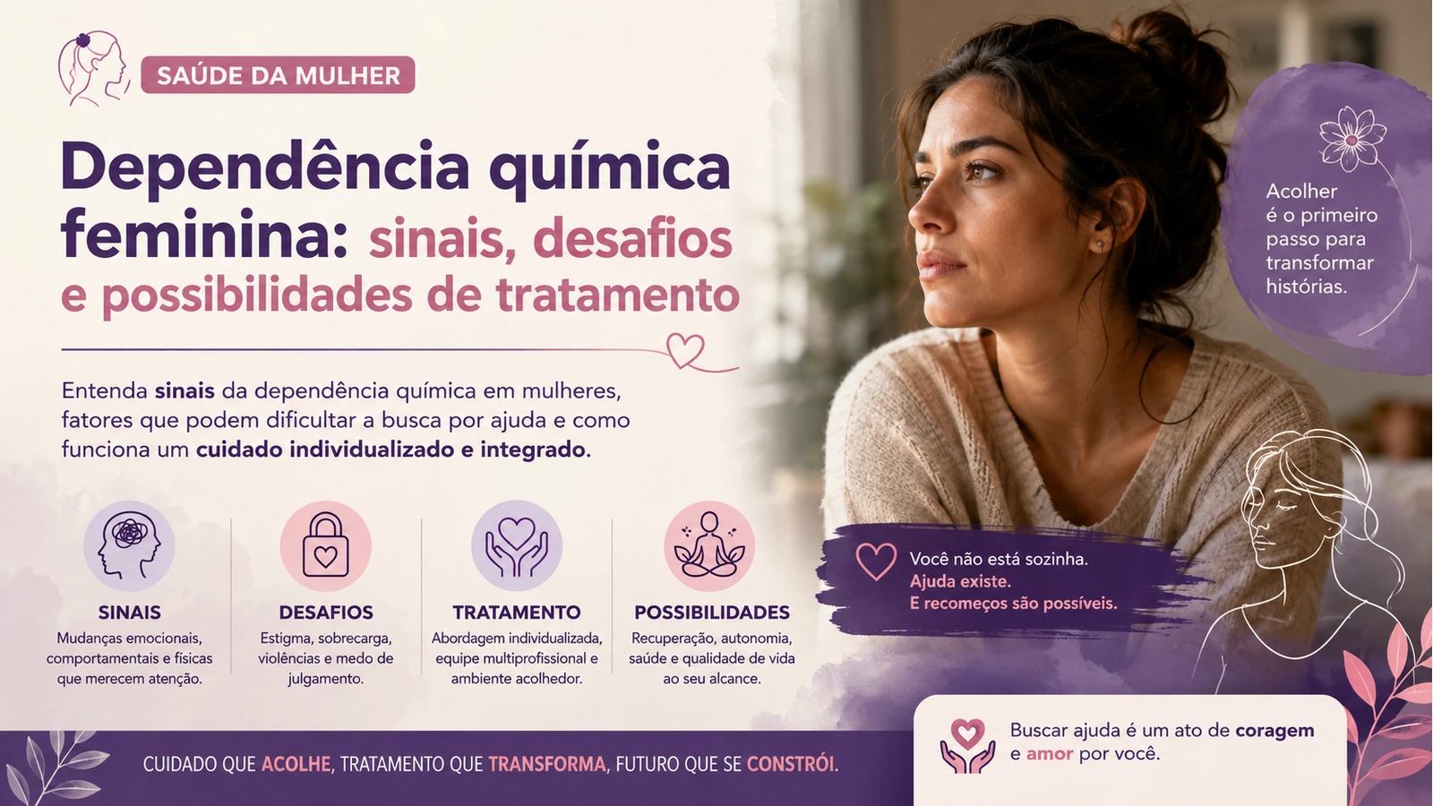 Mulher em ambiente externo sereno, representando acolhimento e cuidado na dependência química feminina