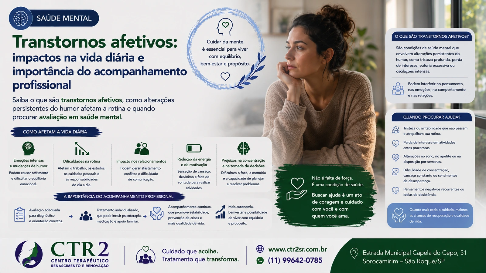 Mulher em ambiente natural com expressão serena, representando autoconhecimento e cuidado emocional