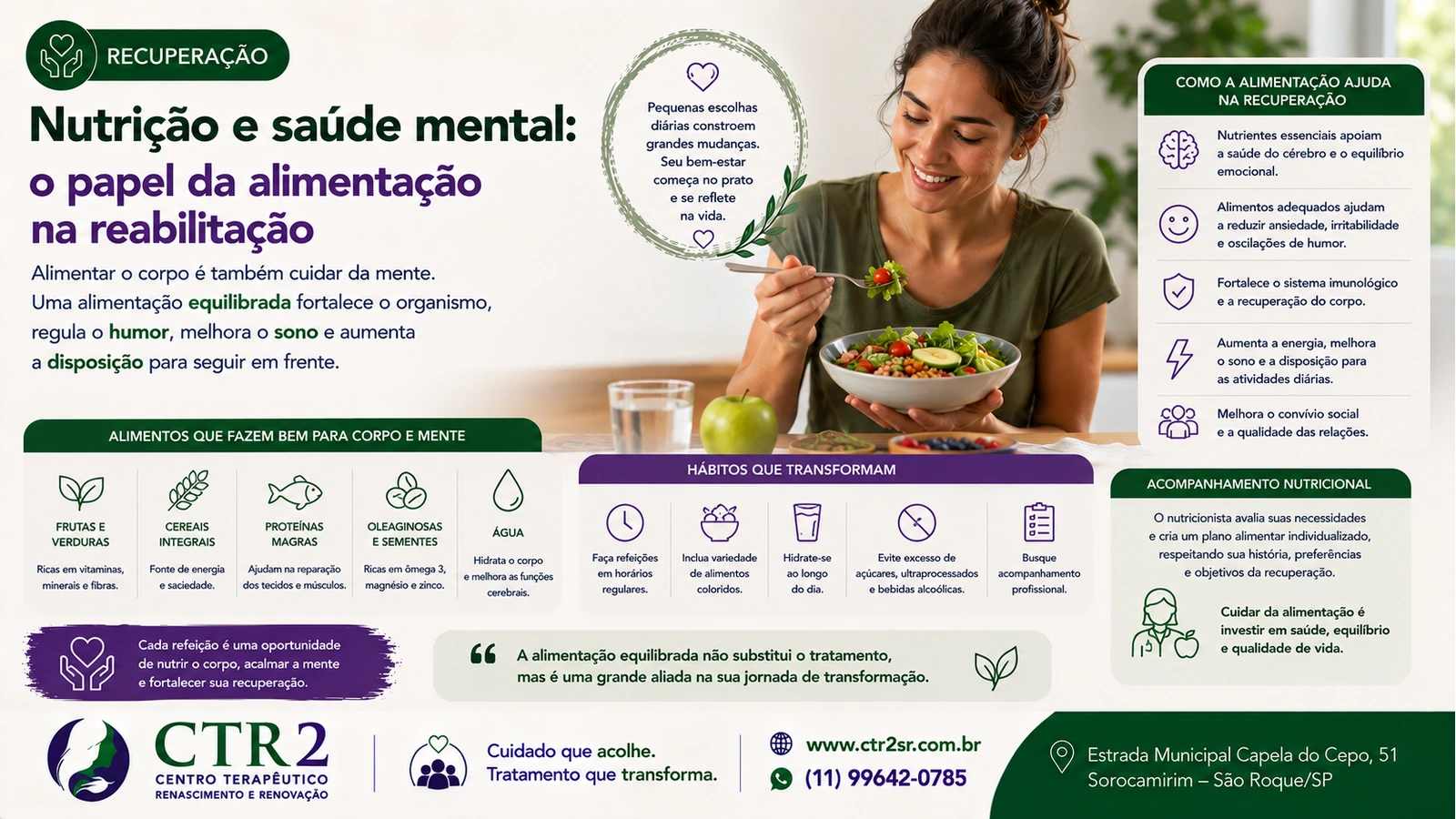 Mesa com alimentos frescos e refeições saudáveis, representando cuidado nutricional integrado