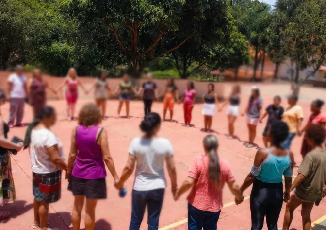 Grupo de acolhidas participando de atividade coletiva ao ar livre